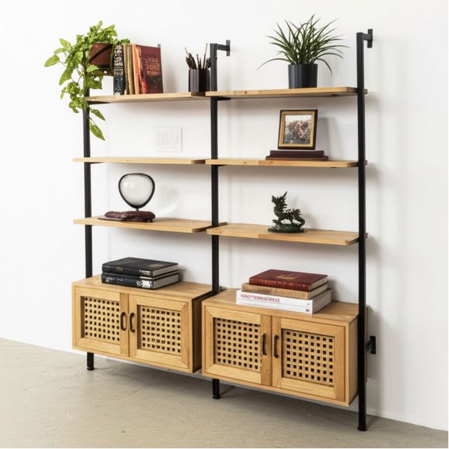 Kệ sách áp tường có tủ 149x30x180cm gỗ cao su KS68271