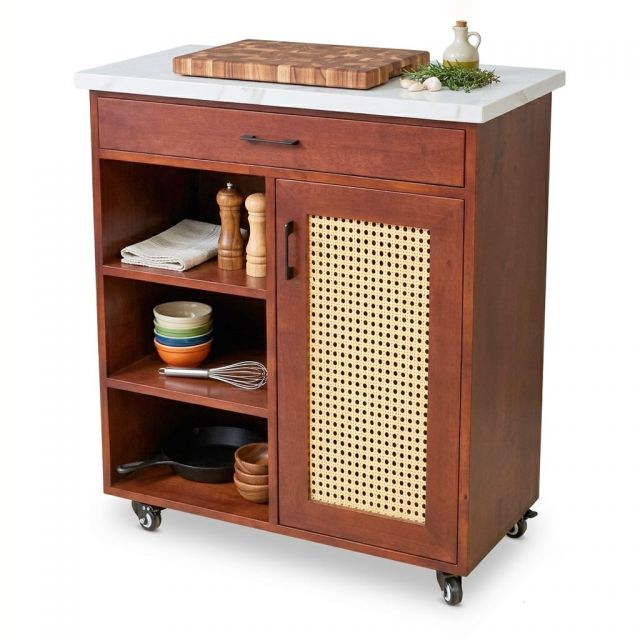Bàn đảo bếp di động 80x40x85cm gỗ cao su mặt đá KISL005