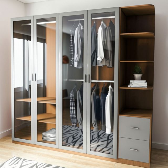 Hệ tủ quần áo 200x55x200cm gỗ cao su cửa kính TQA68049