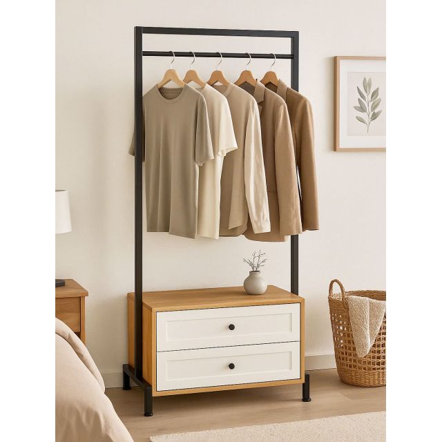Giá treo quần áo có ngăn tủ 75x40x190cm gỗ cao su TQA68061