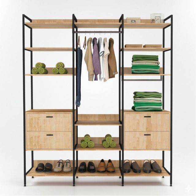 Kệ treo quần áo có ngăn kéo 200x45x22cm gỗ cao su KQA68061