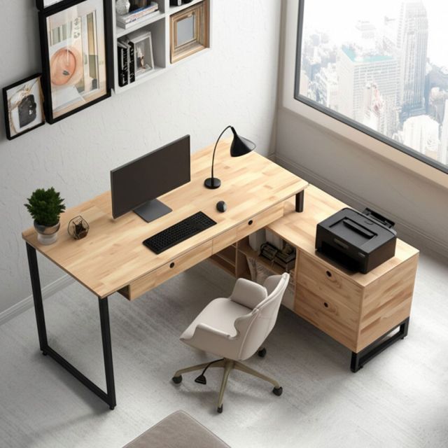 Bàn góc L chân tủ AVEL 140x120cm gỗ cao su BD68150