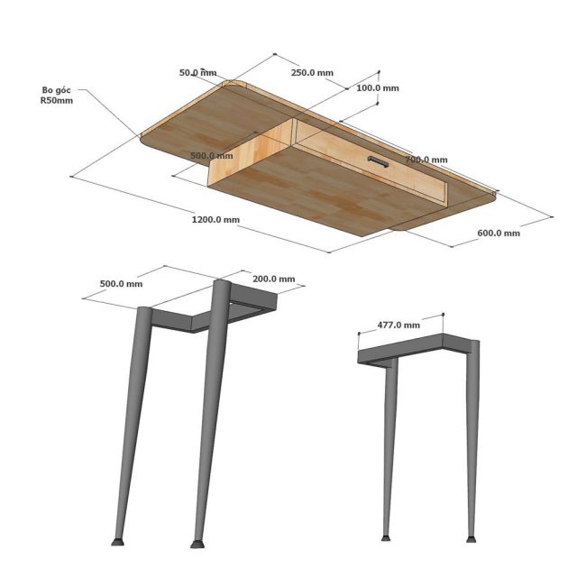 Bàn làm việc RONA 120x60cm gỗ cao su chân sắt CONE II BD68151