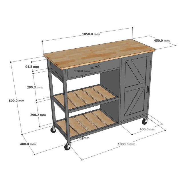Kệ bếp di động REXO 105x45x95cm gỗ cao su KB68068