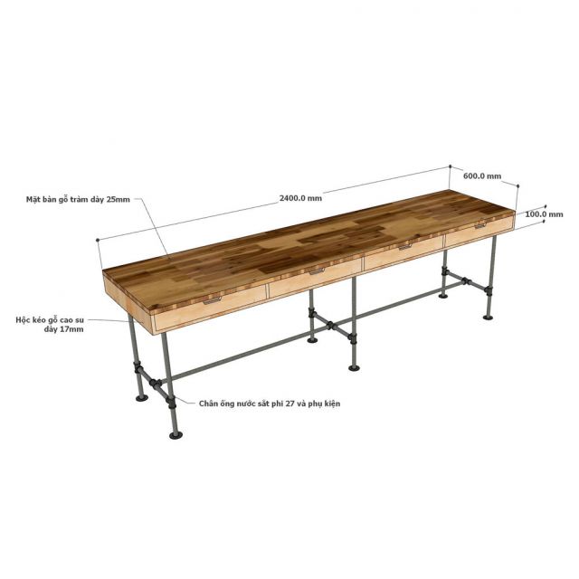 Bàn chân ống nước sắt TANDI 240x60x75cm gỗ tự nhiên BD68154