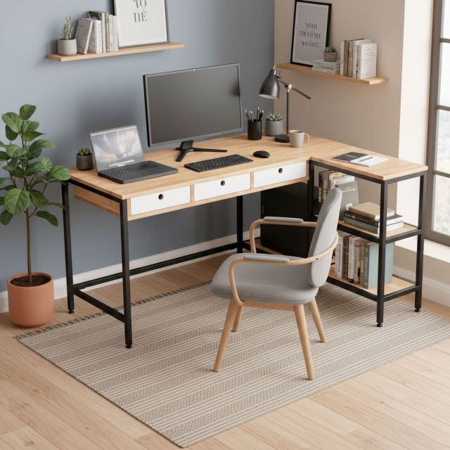 Bàn chữ L RIGEL 140x110cm gỗ cao su CD68039