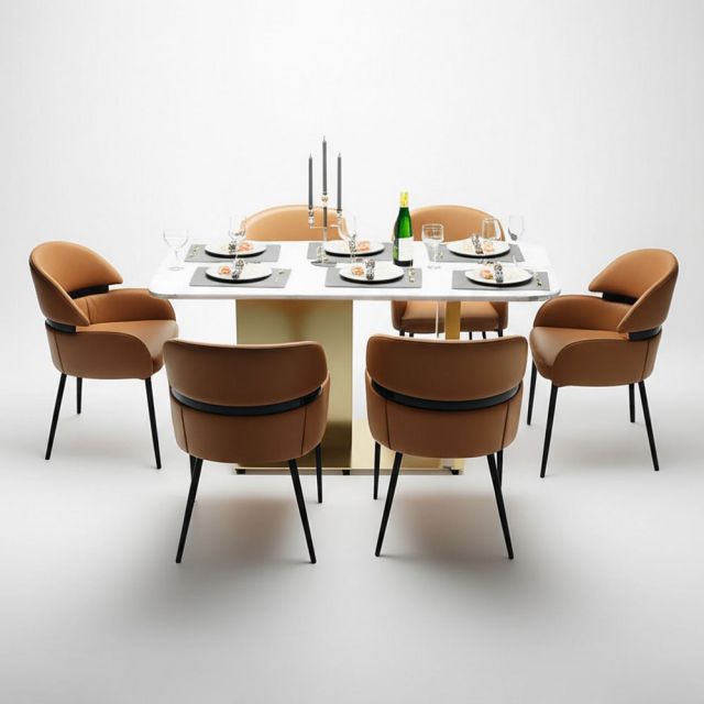 Combo bàn ăn mặt đá 140x80cm và 6 ghế ăn bọc da BBA184