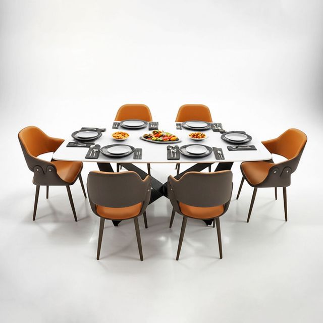 Combo bàn ăn chữ nhật và 6 ghế ăn bọc da BBA201