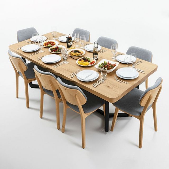 Combo bàn ăn gỗ thông và 8 ghế ăn PLC BBA199