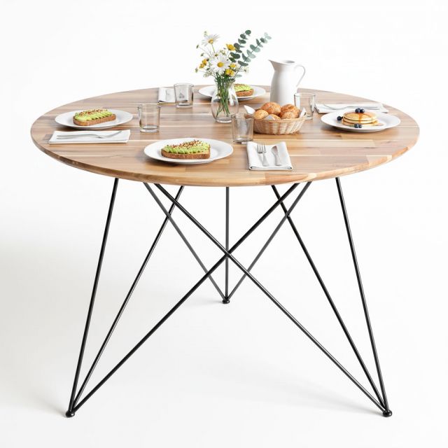 Bàn ăn tròn 100cm gỗ tràm chân sắt Hairpin BA68246