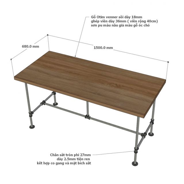 Bàn làm việc ống nước 150x68cm gỗ otim phủ venner sồi