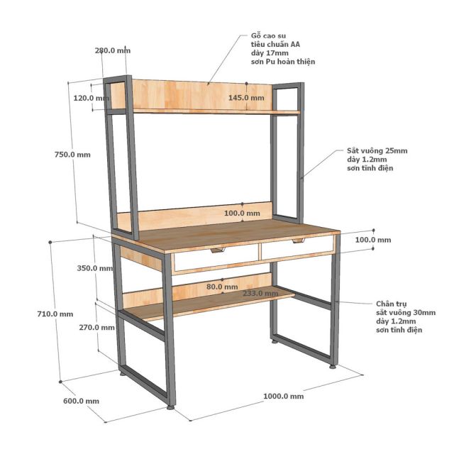 Bàn liền kệ có ngăn kéo 100x60x150cm gỗ cao su FD68074
