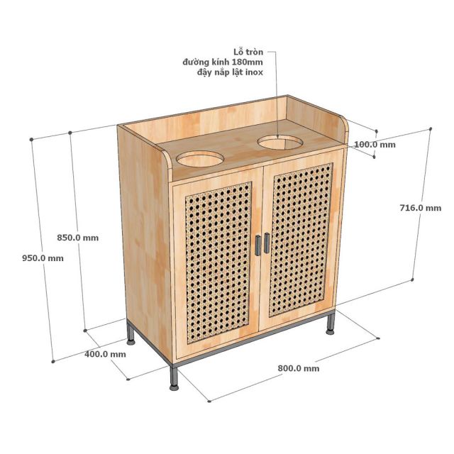 Tủ đựng rác 2 ngăn 80x40x95 gỗ cao su TDR001