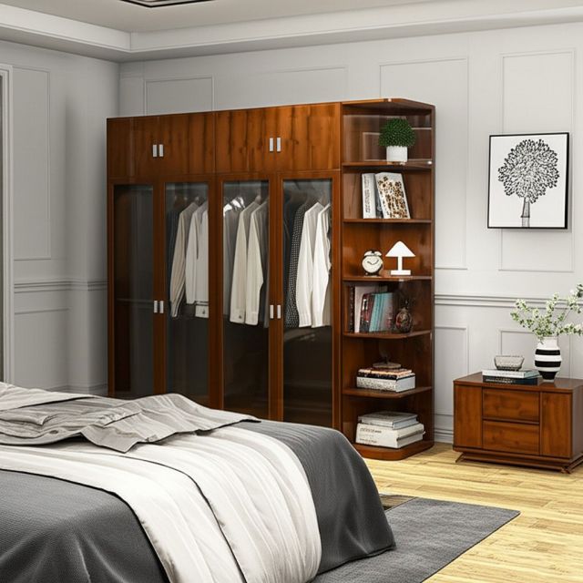 Hệ tủ quần áo 220x55x220cm gỗ cao su cửa kính TQA68047
