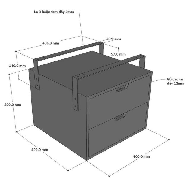 Tủ treo bàn 2 ngăn 40x40cm gỗ cao su TCN68071