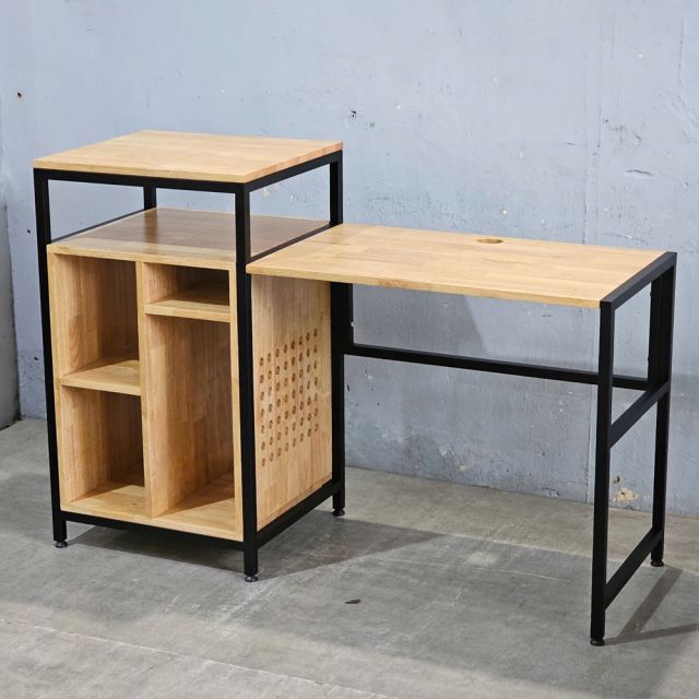 Bàn Vi tính gỗ cao su khung sắt kết hợp kệ
