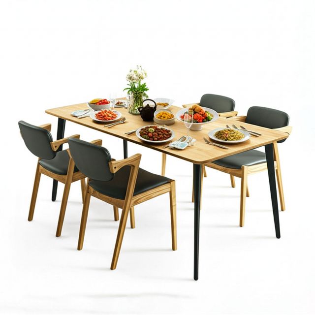 Combo bàn ăn chữ nhật và 4 ghế KAI gỗ BBA205