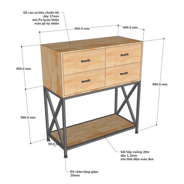 Bàn console 4 ngăn tủ 90x40x100cm gỗ cao su CST109