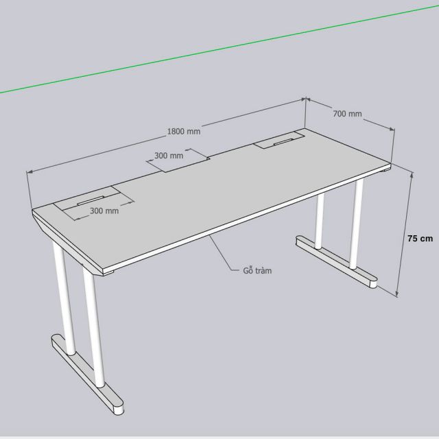 Bàn làm việc có hộp điện 180x70cm gỗ tràm hệ TIO HBTO035