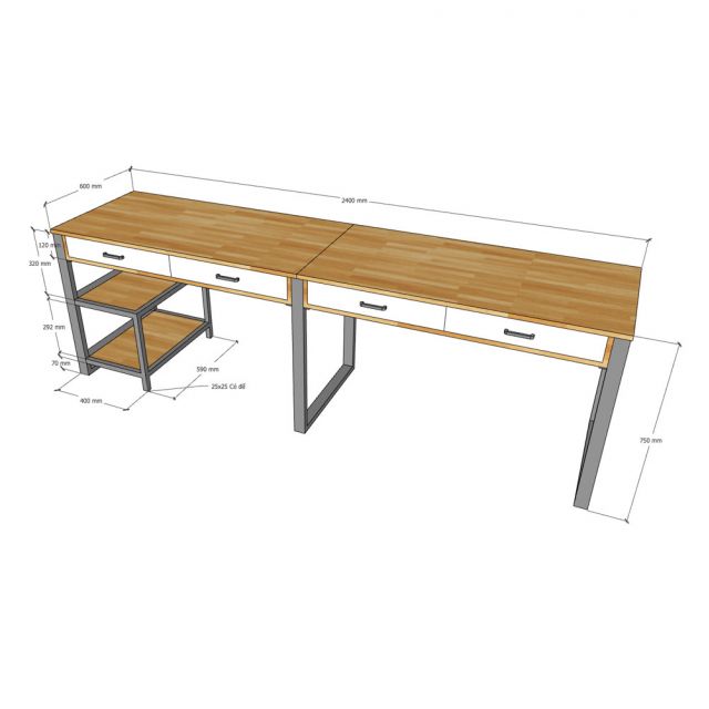 Bàn cụm 2 người 240x60cm gỗ cao su HBRT115