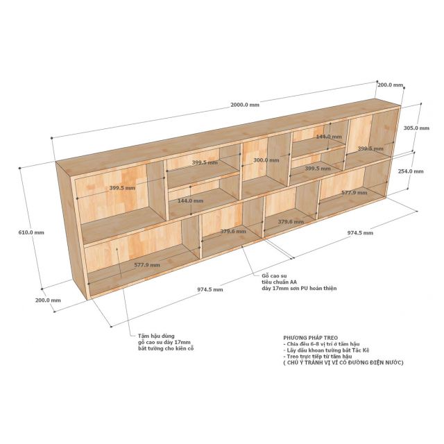 Kệ sách treo tường 200x20x61cm gỗ cao su KS68336