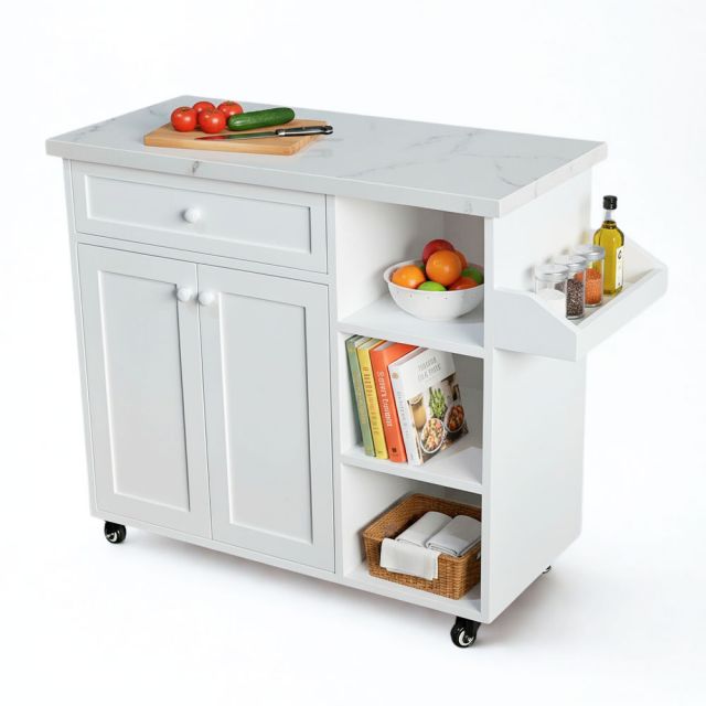 Bàn đảo bếp di động 106x40x85cm gỗ cao su mặt đá KISL006