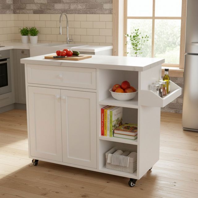 Bàn đảo bếp di động 106x40x85cm gỗ cao su mặt đá KISL006