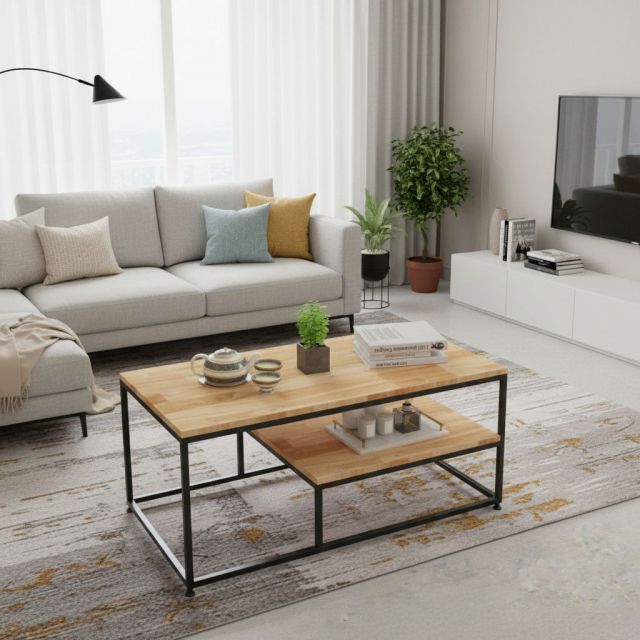 Bàn trà phòng khách 100x50cm gỗ cao su khung sắt TK125