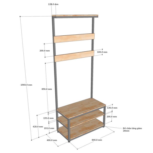 Kệ giày kết hợp giá treo đồ 80x40x196 gỗ cao su KG68096