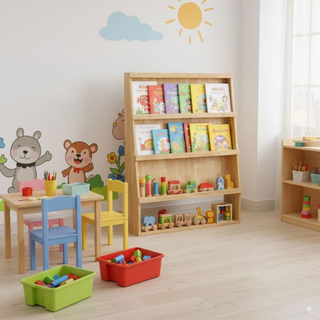 Kệ để sách mầm non gỗ cao su màu tự nhiên KGS013