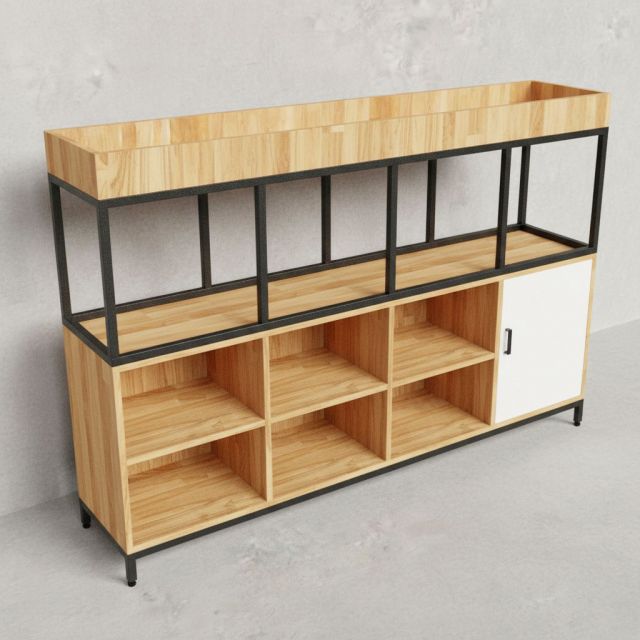 Kệ trang trí văn phòng khung sắt gỗ cao su có khay để cây cảnh TK053