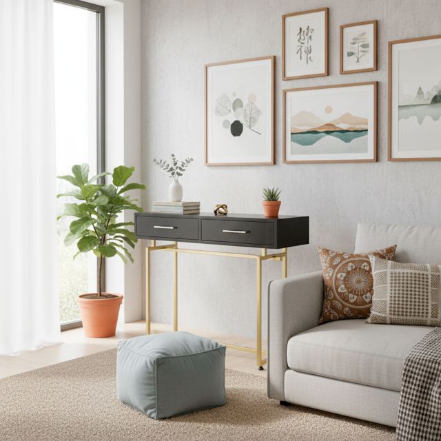Bàn console có ngăn kéo 100x30x82cm gỗ cao su khung sắt CST074
