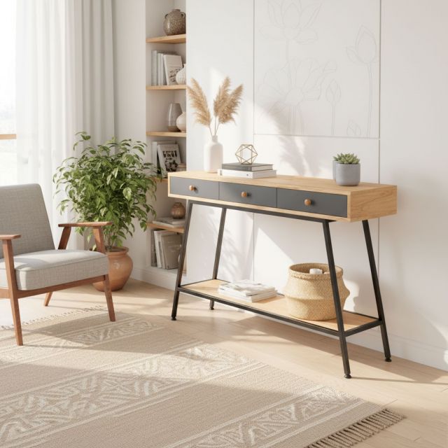 Bàn trang trí console 120x30x85cm có ngăn kéo chân sắt CST062