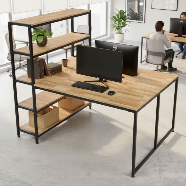 Bàn cụm 2 liền kệ gỗ cao su khung sắt lắp ráp TK071