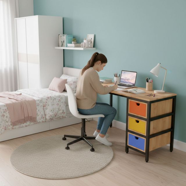 Bàn học liền chân tủ 120x50cm gỗ cao su BD68161
