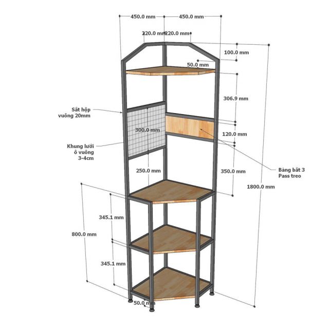 Kệ góc tường 45x45x180cm gỗ cao su KGT68051