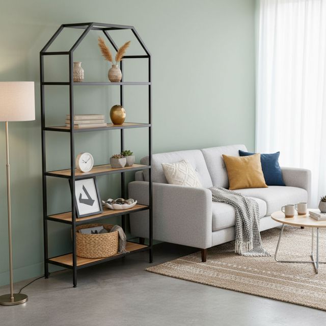 Kệ sách trang trí HOME-SHELF khung sắt gỗ cao su KTB68051