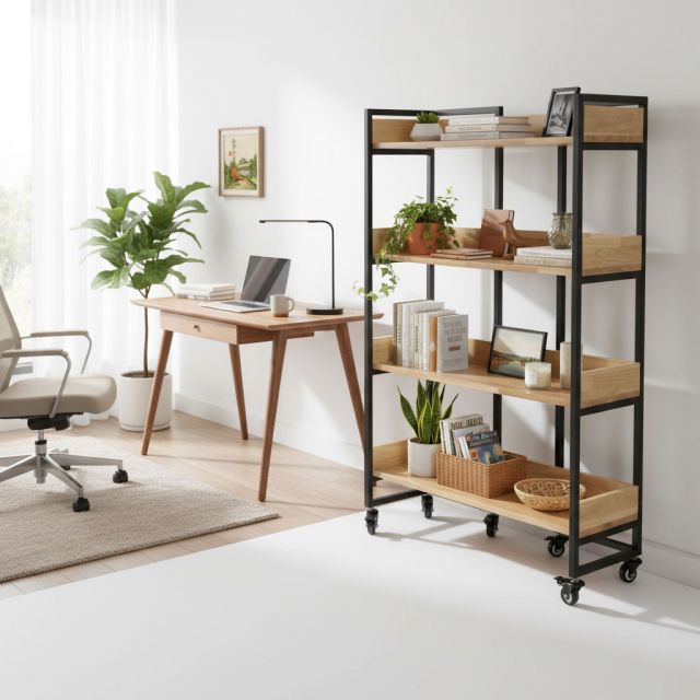 Kệ sách 4 tầng di động 80x30x120cm gỗ cao su KS68279