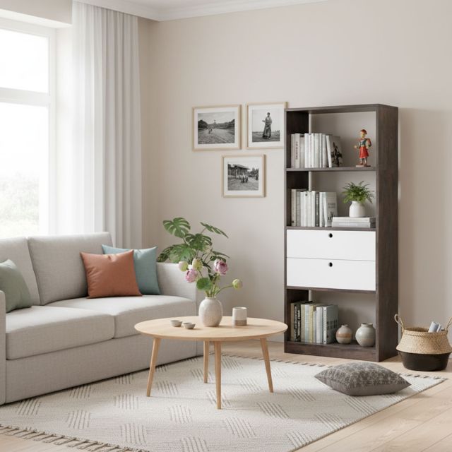 Kệ sách trang trí FIKA2 gỗ cao su 2 hộc kéo KS68050