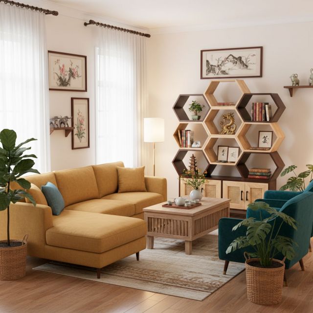 Kệ tổ ong có ngăn tủ 130x25x147cm gỗ cao su KS68282