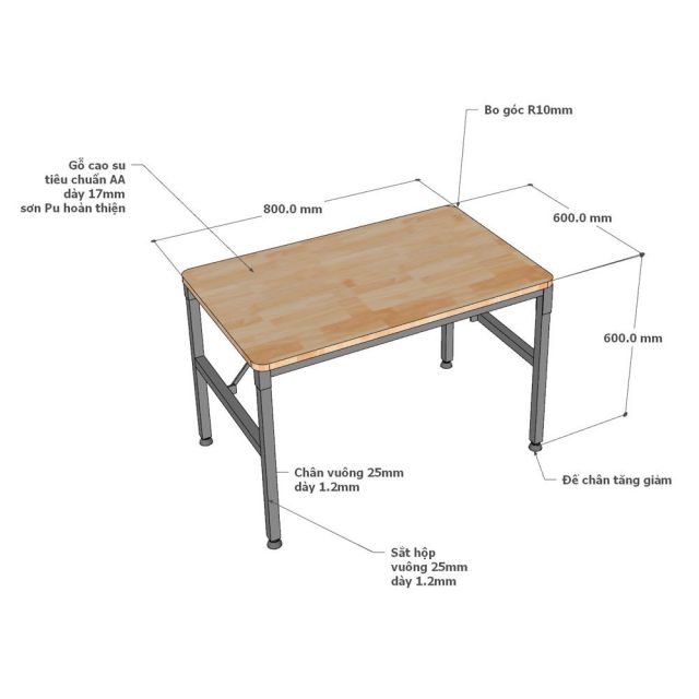 Bàn gấp gọn 80x60x60cm gỗ cao su SPD68250