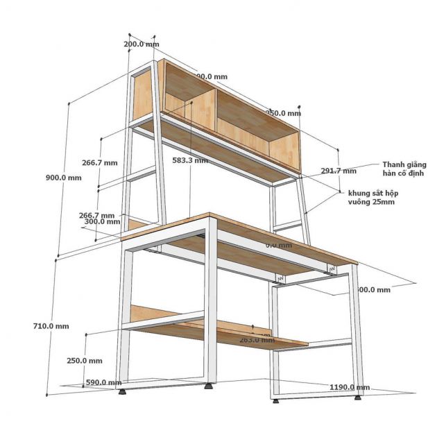 Bàn liền kệ sách 120x60x165cm gỗ cao su FD68080