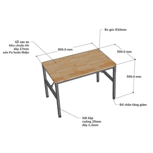 Bàn học trẻ em gấp gọn 80x50cm gỗ cao su PSD043