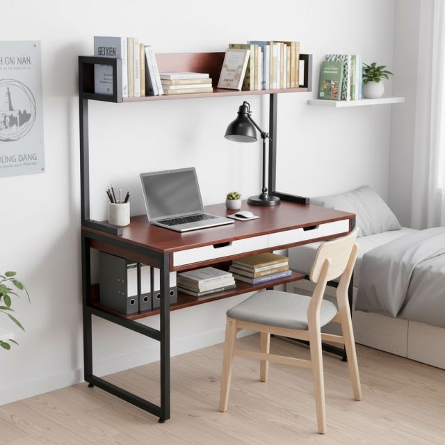 Bàn liền kệ sách có ngăn kéo 120x60x150cm gỗ cao su FD68076