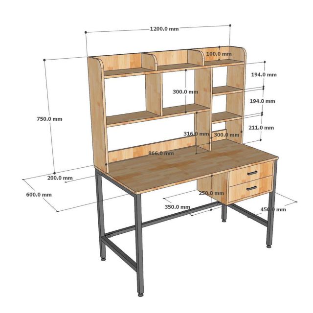 Bàn làm việc liền giá sách 120x60x150cm gỗ cao su FD68082