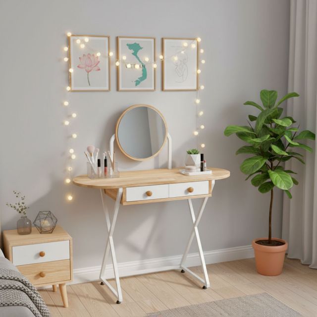 Bàn trang điểm mini có gương gỗ tự nhiên chân sắt BTD68061