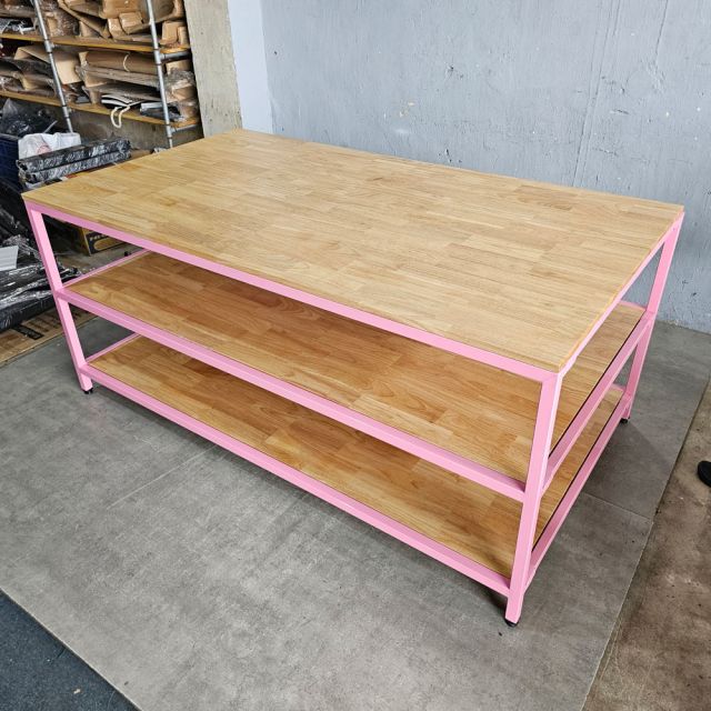 Bàn workshop 3 tầng 180x100x80cm gỗ cao su WSTB001