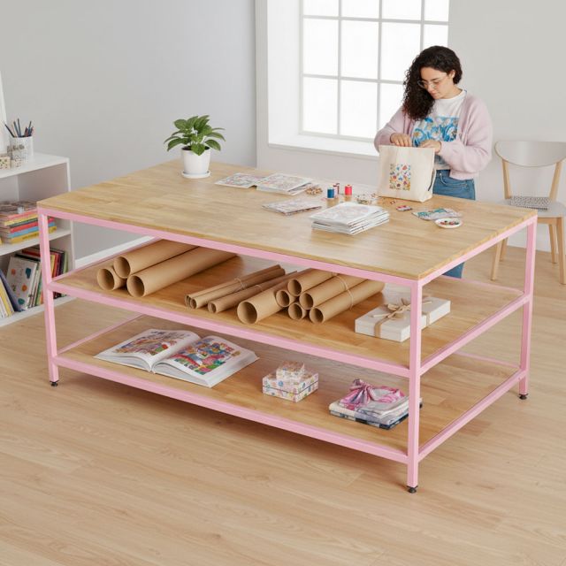 Bàn workshop 3 tầng 180x100x80cm gỗ cao su WSTB001