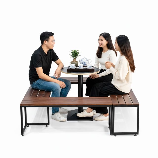 Combo 4 cái ghế băng dài 120x35cm và 1 bàn cafe tròn CBGB002