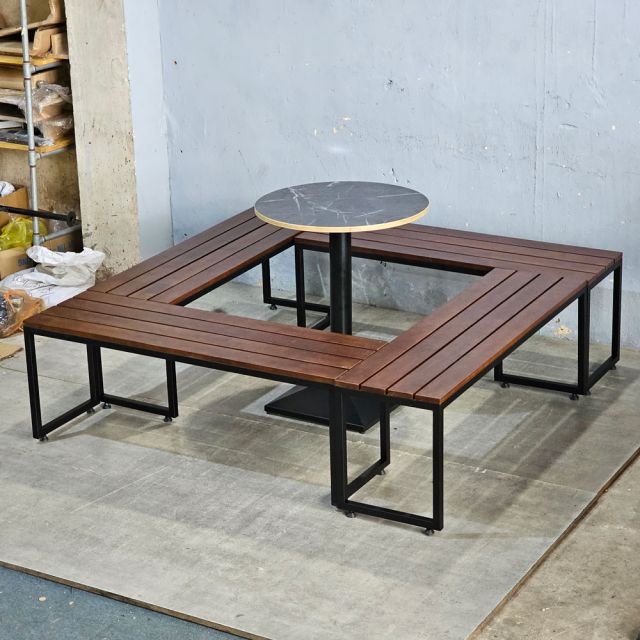 Combo 4 cái ghế băng dài 120x35cm và 1 bàn cafe tròn CBGB002